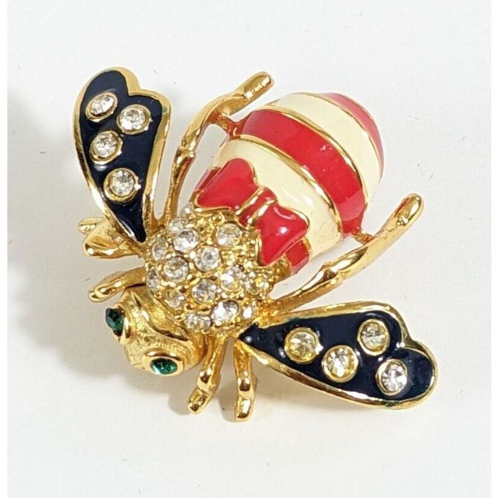 Joan Rivers Patriotic God Bless America Bee Pin Brooch Red White Blue USA Bow